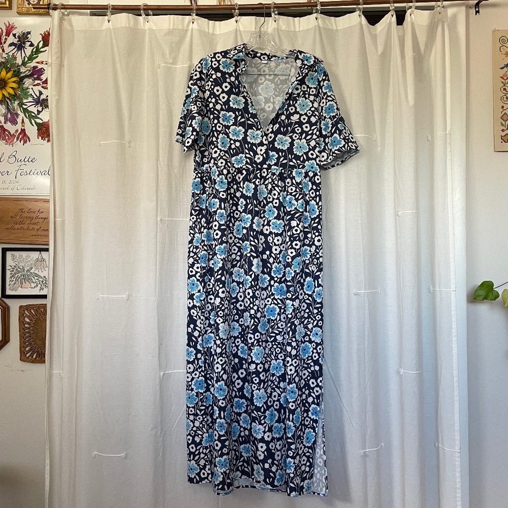Floral Blue Boho Maxi Dress with Side Slits